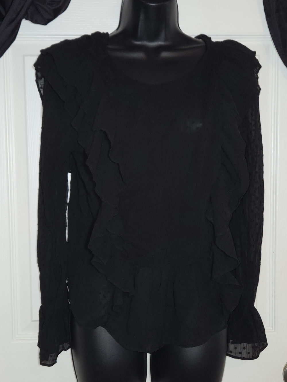 Black Sheer Ruffle Long-Sleeve Women’s Top